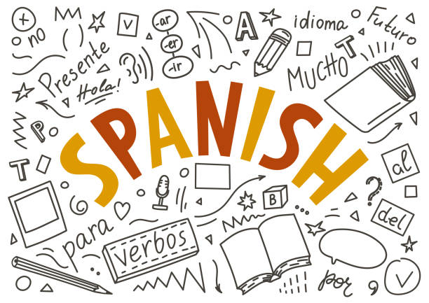 Spanish. Hand drawn doodles and lettering on white background. "Presente, hola, idioma, Futuro, mucho, para, verbos, no". Translate: "Present, hello, language, Future, a lot, for, verbs, no".